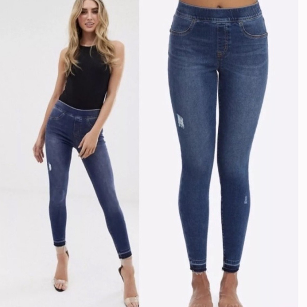 SPANX Distressed Denim Leggings Blue Stretch High‎ Rise Womens Size L G